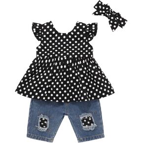 طقم عصابات رأس أزرق مكشكش قصير الأكمام + ملابس طفلة جينز ممزق in Kuwait