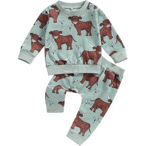 KtwHarnu Western Baby Boy Girl Outfit Cow Print Long Sleeve Crewneck Sweatshirt Elastic Waist Pants Set Fall Winter Clothes in Kuwait