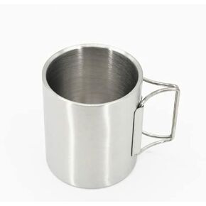 كوب قهوة بسيط للتخييم في الهواء الطلق، كوب قهوة بجدار مزدوج من الستانلس ستيل، كوب للسفر، كوب ماء قابل للطي بمقبض للتخييم، سعة 350 مل، فضي in Kuwait