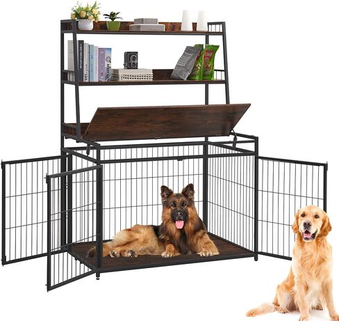 Sufulaa Furniture Style Dog Crate for Large Dog, Heavy Duty Anti-Chew Dog Kennel Furniture with 3 Doors, Wooden Indoor Basic Dog Cage with 3-Layer Storage Shelves (Rustic Brown Wood Grain, Large) in Kuwait