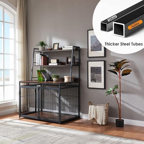 Sufulaa Furniture Style Dog Crate for Large Dog, Heavy Duty Anti-Chew Dog Kennel Furniture with 3 Doors, Wooden Indoor Basic Dog Cage with 3-Layer Storage Shelves (Rustic Brown Wood Grain, Large) in Kuwait