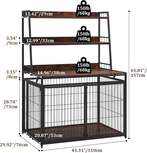 Sufulaa Furniture Style Dog Crate for Large Dog, Heavy Duty Anti-Chew Dog Kennel Furniture with 3 Doors, Wooden Indoor Basic Dog Cage with 3-Layer Storage Shelves (Rustic Brown Wood Grain, Large) in Kuwait