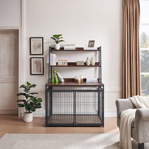 Sufulaa Furniture Style Dog Crate for Large Dog, Heavy Duty Anti-Chew Dog Kennel Furniture with 3 Doors, Wooden Indoor Basic Dog Cage with 3-Layer Storage Shelves (Rustic Brown Wood Grain, Large) in Kuwait