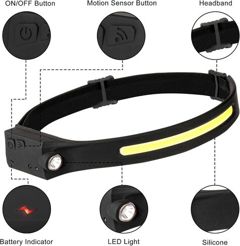 Headlamp Flashlight, 2Pack Rechargeable LED Headlamps 1200Lumens 2 COB 230°Wide Beam Headlight with Motion Sensor Bright 5 Modes Lightweight Waterproof Head Lamp for Outdoor Running, Camping Hiking in Kuwait