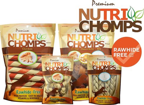 مضغ NutriChomps للكلاب بحجم 5 بوصات، سهل الهضم، مكافآت للكلاب خالية من الجلود الخام، نكهة زبدة الفول السوداني الحقيقية ونكهة الدجاج الحقيقية (NT112V) - 10 قطع (عبوة من قطعتين) in Kuwait