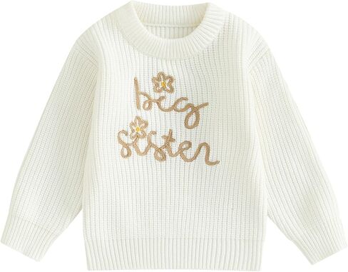 SHUING Toddler Kids Girls Fall Sweater Big Sister&Flower Embroidery Round Neck Long Sleeve Pullover Tops Fall Outfit in Saudi Arabia