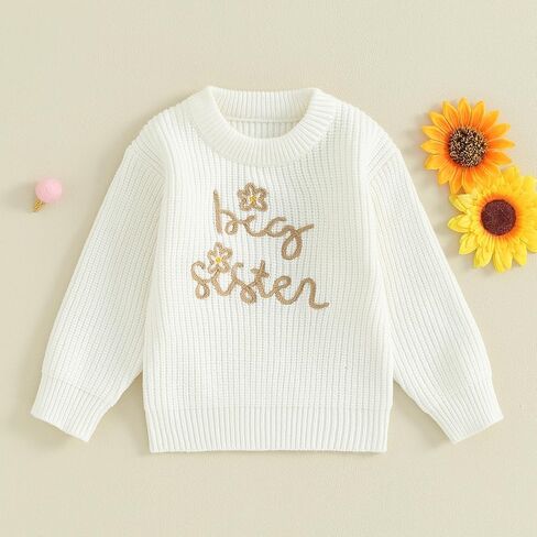 SHUING Toddler Kids Girls Fall Sweater Big Sister&Flower Embroidery Round Neck Long Sleeve Pullover Tops Fall Outfit in Saudi Arabia
