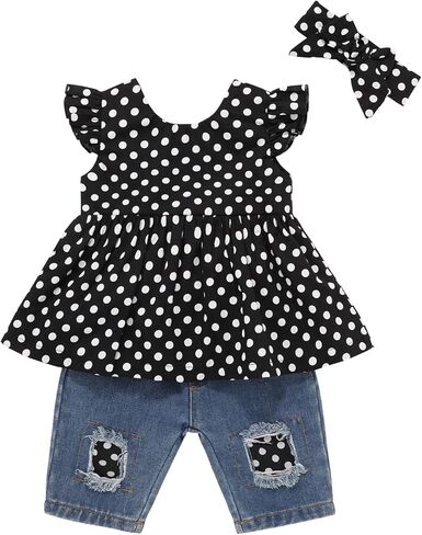 طقم عصابات رأس أزرق مكشكش قصير الأكمام + ملابس طفلة جينز ممزق in Kuwait