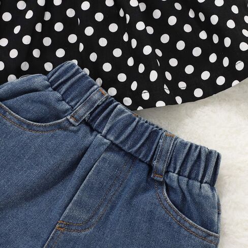 طقم عصابات رأس أزرق مكشكش قصير الأكمام + ملابس طفلة جينز ممزق in Kuwait