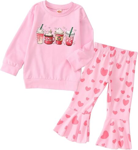 CM C&M WODRO Toddler Baby Girl Valentine's Day Outfit Love Coffee Print Sweatshirt Heart Print Flare Pants 2PCs Clothes Set in Saudi Arabia