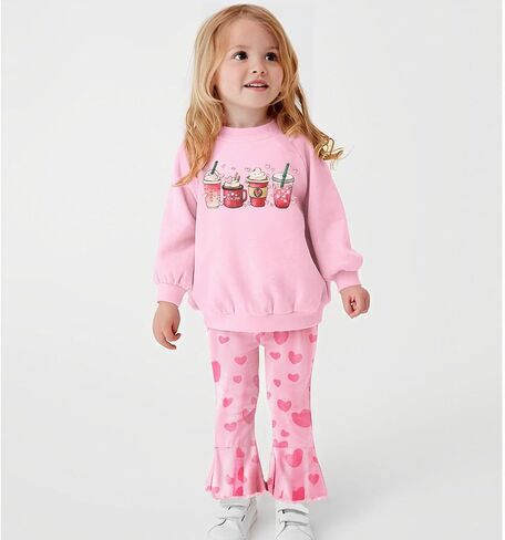 CM C&M WODRO Toddler Baby Girl Valentine's Day Outfit Love Coffee Print Sweatshirt Heart Print Flare Pants 2PCs Clothes Set in Saudi Arabia