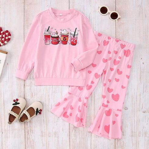 CM C&M WODRO Toddler Baby Girl Valentine's Day Outfit Love Coffee Print Sweatshirt Heart Print Flare Pants 2PCs Clothes Set in Saudi Arabia