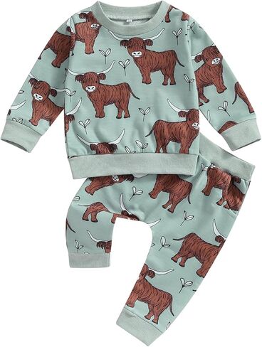 KtwHarnu Western Baby Boy Girl Outfit Cow Print Long Sleeve Crewneck Sweatshirt Elastic Waist Pants Set Fall Winter Clothes in Kuwait
