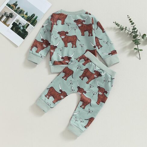 KtwHarnu Western Baby Boy Girl Outfit Cow Print Long Sleeve Crewneck Sweatshirt Elastic Waist Pants Set Fall Winter Clothes in Kuwait