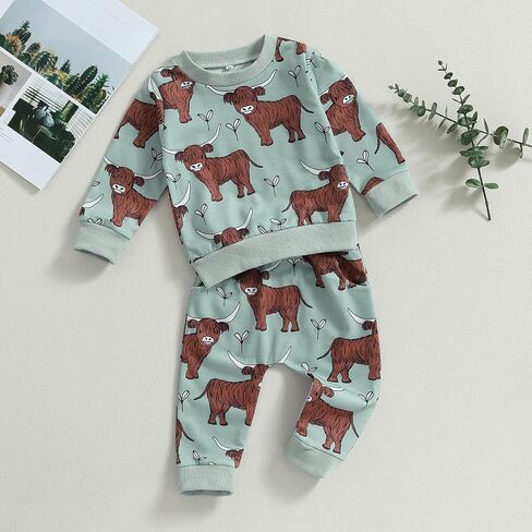 KtwHarnu Western Baby Boy Girl Outfit Cow Print Long Sleeve Crewneck Sweatshirt Elastic Waist Pants Set Fall Winter Clothes in Kuwait
