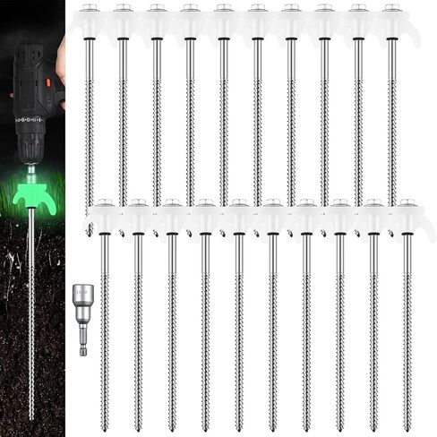 Yaocom 20 Pcs 8" Screw in Tent Stakes Heavy Duty Tent Stakes Drillable Ground Anchors Screw Metal Tents Pegs Threaded Tents Spikes with Head Driver for Swing Inflatable Decor in Kuwait