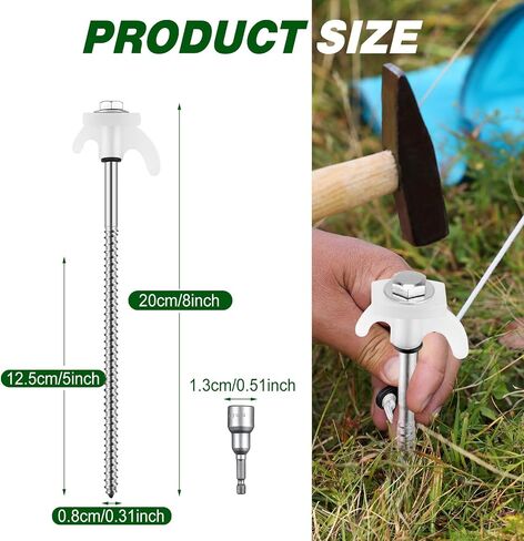 Yaocom 20 Pcs 8" Screw in Tent Stakes Heavy Duty Tent Stakes Drillable Ground Anchors Screw Metal Tents Pegs Threaded Tents Spikes with Head Driver for Swing Inflatable Decor in Kuwait