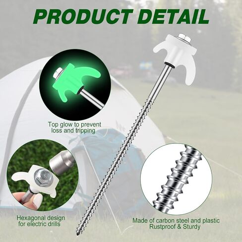 Yaocom 20 Pcs 8" Screw in Tent Stakes Heavy Duty Tent Stakes Drillable Ground Anchors Screw Metal Tents Pegs Threaded Tents Spikes with Head Driver for Swing Inflatable Decor in Kuwait