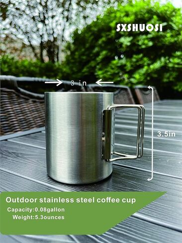 كوب قهوة بسيط للتخييم في الهواء الطلق، كوب قهوة بجدار مزدوج من الستانلس ستيل، كوب للسفر، كوب ماء قابل للطي بمقبض للتخييم، سعة 350 مل، فضي in Kuwait