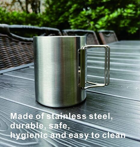 كوب قهوة بسيط للتخييم في الهواء الطلق، كوب قهوة بجدار مزدوج من الستانلس ستيل، كوب للسفر، كوب ماء قابل للطي بمقبض للتخييم، سعة 350 مل، فضي in Kuwait