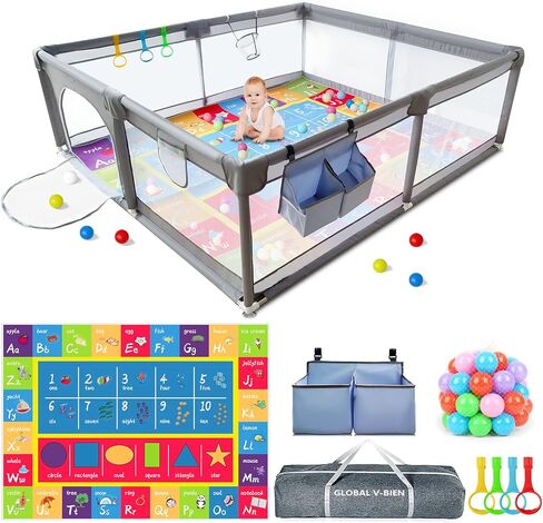 Global V-Bien Baby Playpen, 79" X 71" Extra Large Baby Play Yards with Mat, Safety Play Pens for Babies and Toddlers, Indoor&Outdoor Baby Girl Fence Play Pin Area with Zipper Gate/Visible Mesh in Saudi Arabia