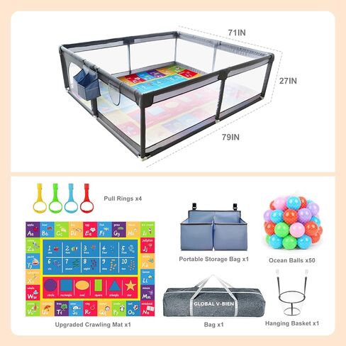 Global V-Bien Baby Playpen, 79" X 71" Extra Large Baby Play Yards with Mat, Safety Play Pens for Babies and Toddlers, Indoor&Outdoor Baby Girl Fence Play Pin Area with Zipper Gate/Visible Mesh in Saudi Arabia
