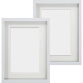 Anhow 2pcs Shadow Box Frame 9x9, 3D Picture Frame Display with Cream-Colored Mat for 5x5 Photos, 1.2 Inch Depth with Transparent Glass - White