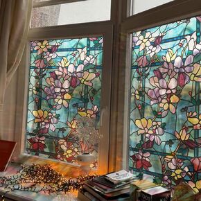 funlife Original Hand-Drawn Stained Glass Window Film, Double-Sided Thickened Static Cling Window Cling, Non-Adhesive Glass Windows Decor for Window Glass Door, Blue Magnolia, 16.93"x112.99"