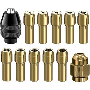 YXCCSE 12 Pcs Drill Chuck Collet Set Brass Drill Chuck Tool Kit, Keyless Chuck 1/32" to 1/8" Replacement 4485 4486 Quick Change Rotary Drill Nut Tool Set