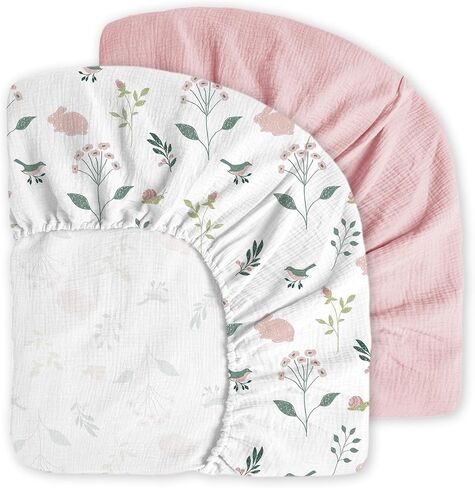 Little Grape Land Muslin Crib Sheets Fitted for Boys and Girls 2 Pack, 100% Cotton Baby Bed Sheets Soft Breathable, Neutral Fitted Baby Mattress Sheets for Standard Crib 52x28 inches, Fog Flower in Saudi Arabia