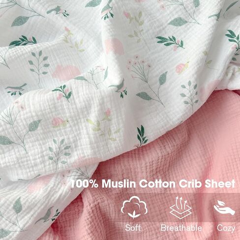 Little Grape Land Muslin Crib Sheets Fitted for Boys and Girls 2 Pack, 100% Cotton Baby Bed Sheets Soft Breathable, Neutral Fitted Baby Mattress Sheets for Standard Crib 52x28 inches, Fog Flower in Saudi Arabia