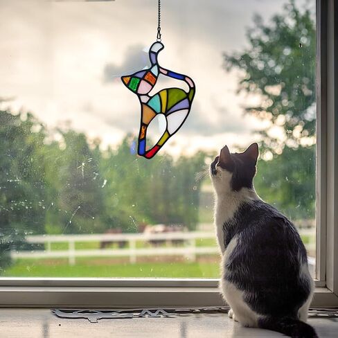 BOXCASA White Cat Decor Stained Glass Window Hanging,Funny Cat Gifts for Cat Lovers Stained Glass Suncatchers,Cat Themed Gifts Cat Decoration for Livingroom Bedroom Kitchen Room in Kuwait
