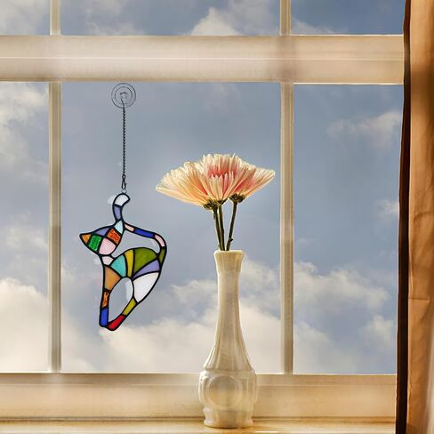 BOXCASA White Cat Decor Stained Glass Window Hanging,Funny Cat Gifts for Cat Lovers Stained Glass Suncatchers,Cat Themed Gifts Cat Decoration for Livingroom Bedroom Kitchen Room in Kuwait