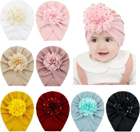 سيناسي مجموعة من 8 قطع من قبعات عمامة مستشفى الحضانة بتصميم زهور منقطة من الشيفون، قبعات صغيرة للبنات الصغيرات والرضع، ابيض وزهري ديرتي بينك وبورغندي وكاكي ومسطردة واخضر مينت in Kuwait