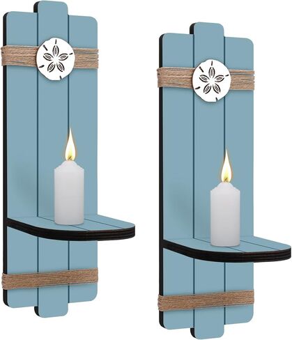 مجموعة شمعدانات شموع حائطية بدولار رملي مكونة من 2، حوامل شموع خشبية مثبتة على الحائط بطابع المحيط للحمام وغرفة المعيشة وغرفة الطعام وتزيين المكتب in Kuwait