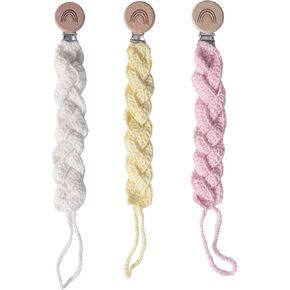 Pacifier Clip for Boys Girls Pacifier Holder Leash Rainbow Wooden Paci Clips Handmade Braided Cotton Unisex Baby Shower Birthday Gift 3 Pack