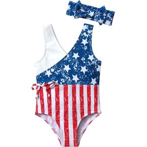 AGAPENG 4th of July ملابس سباحة للأطفال البنات العلم الأمريكي بدلة استحمام للأطفال الصغار أحمر أبيض أزرق قطعة واحدة ملابس السباحة مع عصابة الرأس in Kuwait