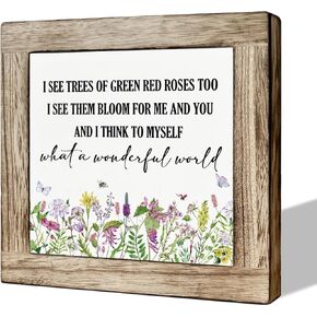 Spring Decor, Wooden Box Signs for Home Decor, Flower Sign Wall Decor, Flower Wall Art, Inspirational Wood Sign, Farmhouse Home Decor, Hanging Wood Sign for Garden Yard Outdoor, What A Wonderful World