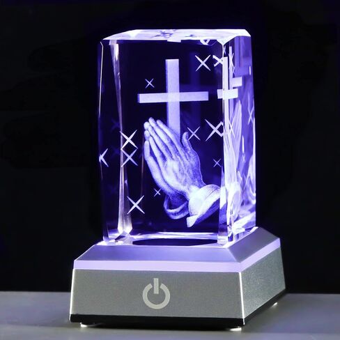 YWHL 3D Crystal Cross Figurine with Colorful Light Base, Laser Engrave Praying Hands Religious Gifts for Women Man, Christian Gifts for Friend in Kuwait