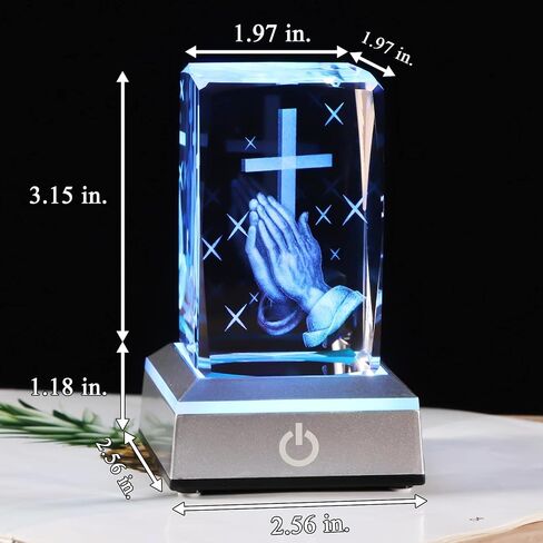 YWHL 3D Crystal Cross Figurine with Colorful Light Base, Laser Engrave Praying Hands Religious Gifts for Women Man, Christian Gifts for Friend in Kuwait