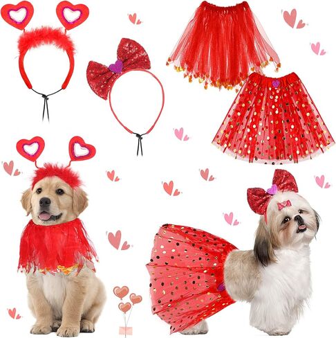 Weewooday 4 Pcs Valentine's Day Dog Costume Red Love Heart Headband with Collar Sequin Heart Tutu Dress Outfit for Small Medium Dogs in Saudi Arabia
