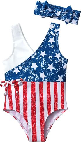 AGAPENG 4th of July ملابس سباحة للأطفال البنات العلم الأمريكي بدلة استحمام للأطفال الصغار أحمر أبيض أزرق قطعة واحدة ملابس السباحة مع عصابة الرأس in Kuwait