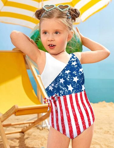 AGAPENG 4th of July ملابس سباحة للأطفال البنات العلم الأمريكي بدلة استحمام للأطفال الصغار أحمر أبيض أزرق قطعة واحدة ملابس السباحة مع عصابة الرأس in Kuwait
