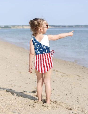 AGAPENG 4th of July ملابس سباحة للأطفال البنات العلم الأمريكي بدلة استحمام للأطفال الصغار أحمر أبيض أزرق قطعة واحدة ملابس السباحة مع عصابة الرأس in Kuwait