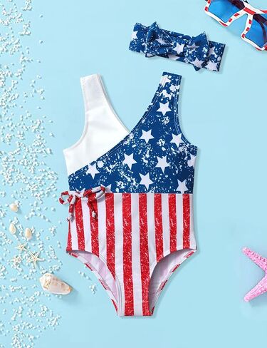 AGAPENG 4th of July ملابس سباحة للأطفال البنات العلم الأمريكي بدلة استحمام للأطفال الصغار أحمر أبيض أزرق قطعة واحدة ملابس السباحة مع عصابة الرأس in Kuwait