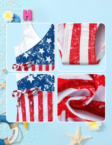 AGAPENG 4th of July ملابس سباحة للأطفال البنات العلم الأمريكي بدلة استحمام للأطفال الصغار أحمر أبيض أزرق قطعة واحدة ملابس السباحة مع عصابة الرأس in Kuwait