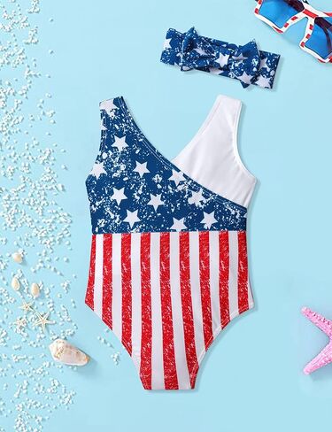 AGAPENG 4th of July ملابس سباحة للأطفال البنات العلم الأمريكي بدلة استحمام للأطفال الصغار أحمر أبيض أزرق قطعة واحدة ملابس السباحة مع عصابة الرأس in Kuwait