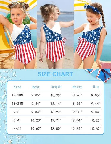 AGAPENG 4th of July ملابس سباحة للأطفال البنات العلم الأمريكي بدلة استحمام للأطفال الصغار أحمر أبيض أزرق قطعة واحدة ملابس السباحة مع عصابة الرأس in Kuwait
