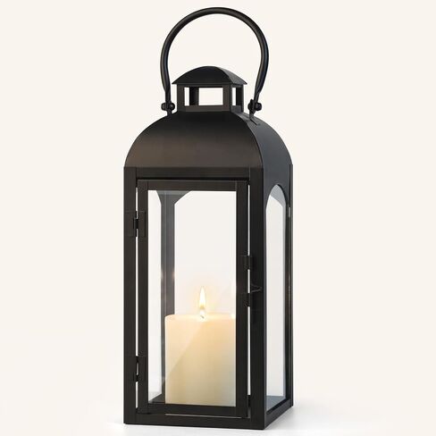 16 "طويل القامة خمر شمعة فانوس ديكور داخلي في الهواء الطلق، فانوس معدني أسود إعصار فانوس مع لوحات زجاجية شفافة للطاولة، عباءة، شرفة أمامية أرضية، ديكور فانوس زفاف عيد الهالوين in Kuwait