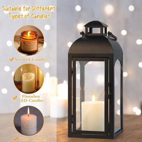 16 "طويل القامة خمر شمعة فانوس ديكور داخلي في الهواء الطلق، فانوس معدني أسود إعصار فانوس مع لوحات زجاجية شفافة للطاولة، عباءة، شرفة أمامية أرضية، ديكور فانوس زفاف عيد الهالوين in Kuwait